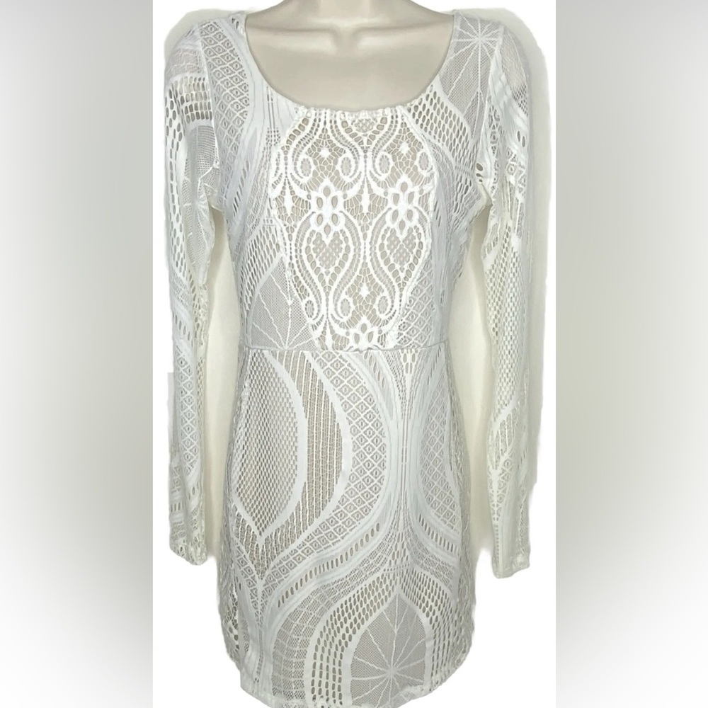 Lac Blue Juniors Lace Sheath Dress L White Knee Length Long Sleeves Lined
